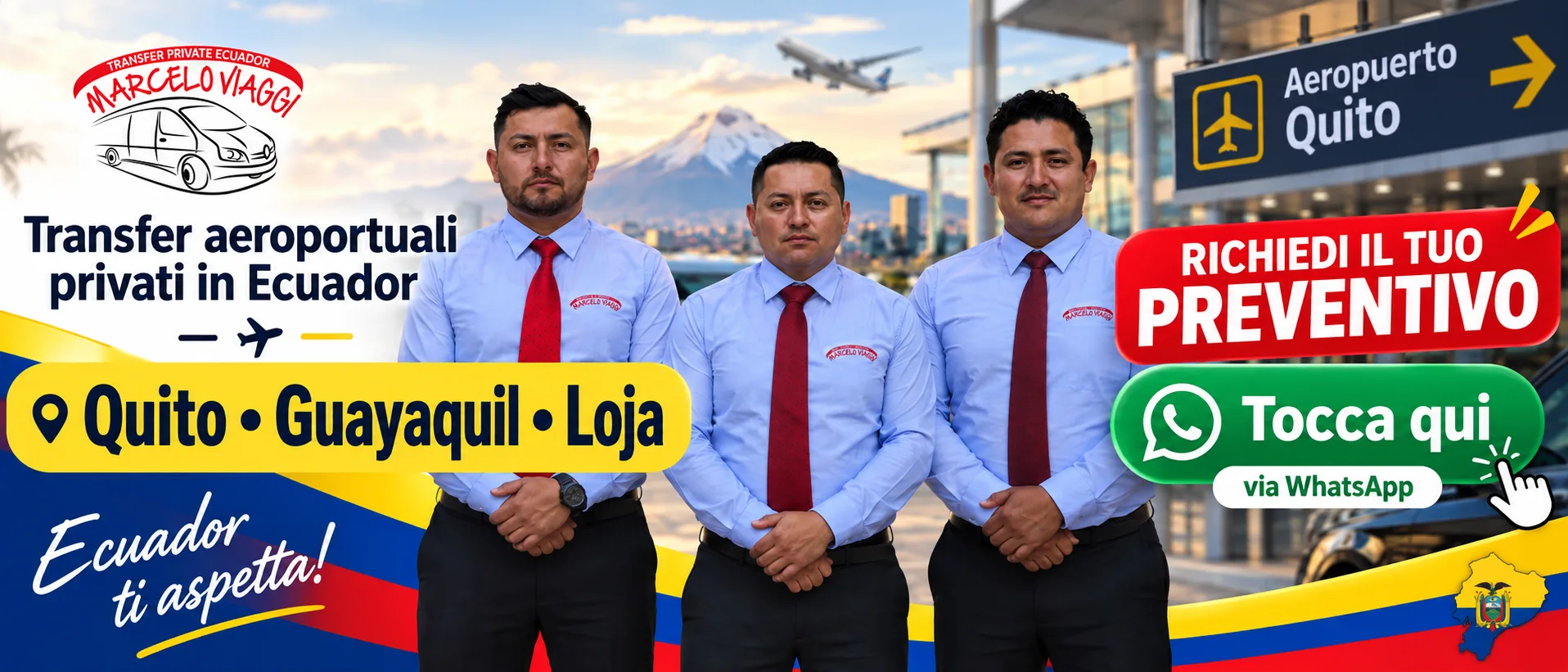 Transfer aeroportuali privati in Ecuador — Quito, Guayaquil, Loja. Richiedi il tuo preventivo su WhatsApp