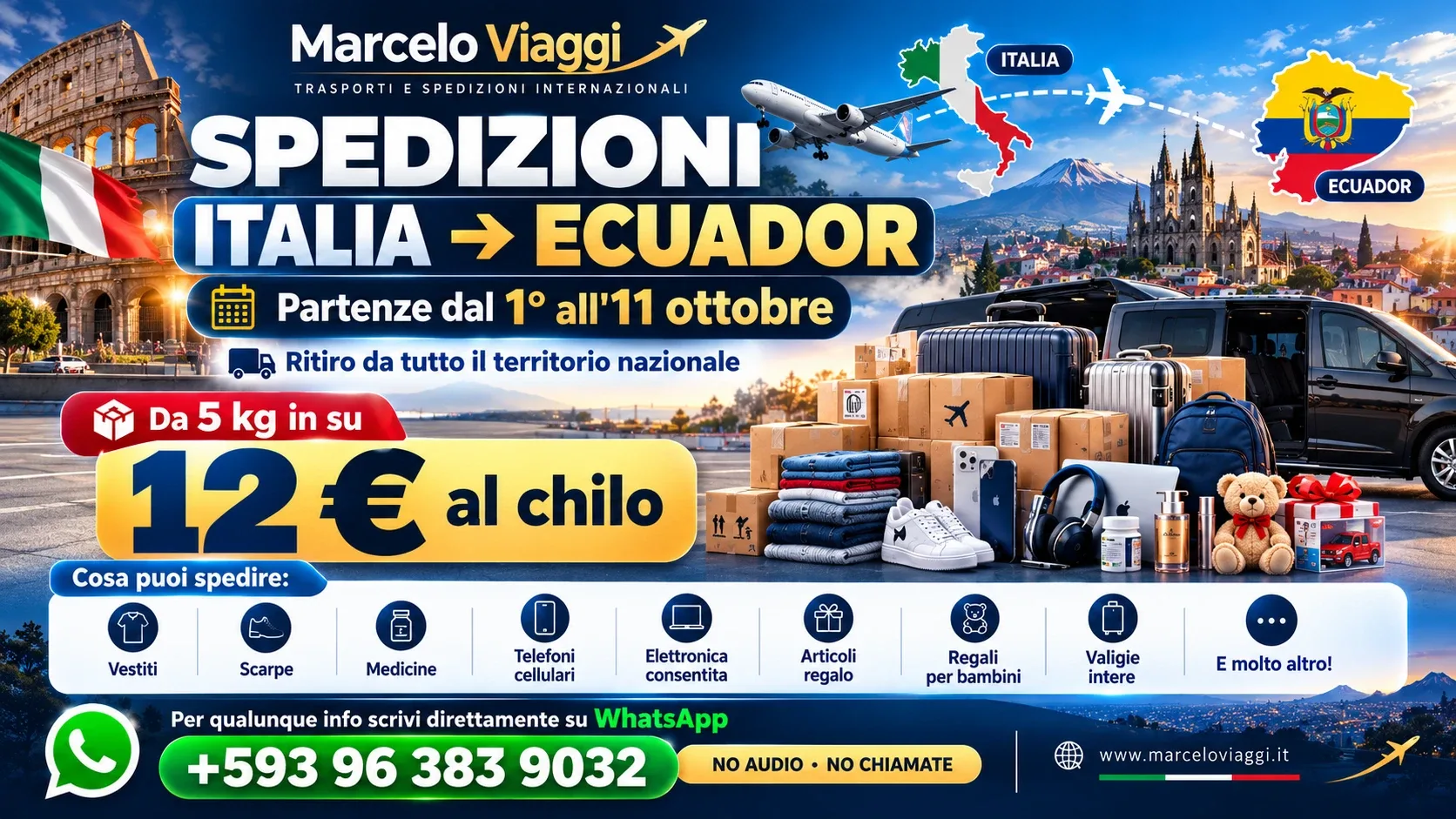 Spedizioni Italia-Ecuador, partenze dal 1° all'11 ottobre
