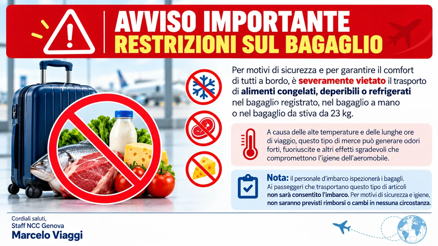 Avviso importante: vietati alimenti congelati, deperibili o refrigerati nel bagaglio